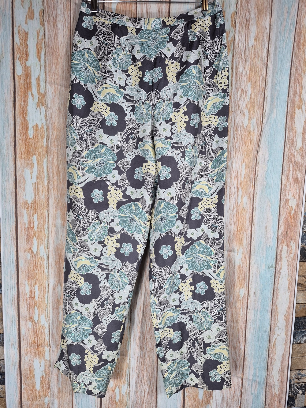Adrianna Papell Floral Print Pants in Gray, Teal, Pale Yellow 100% Silk Size 14